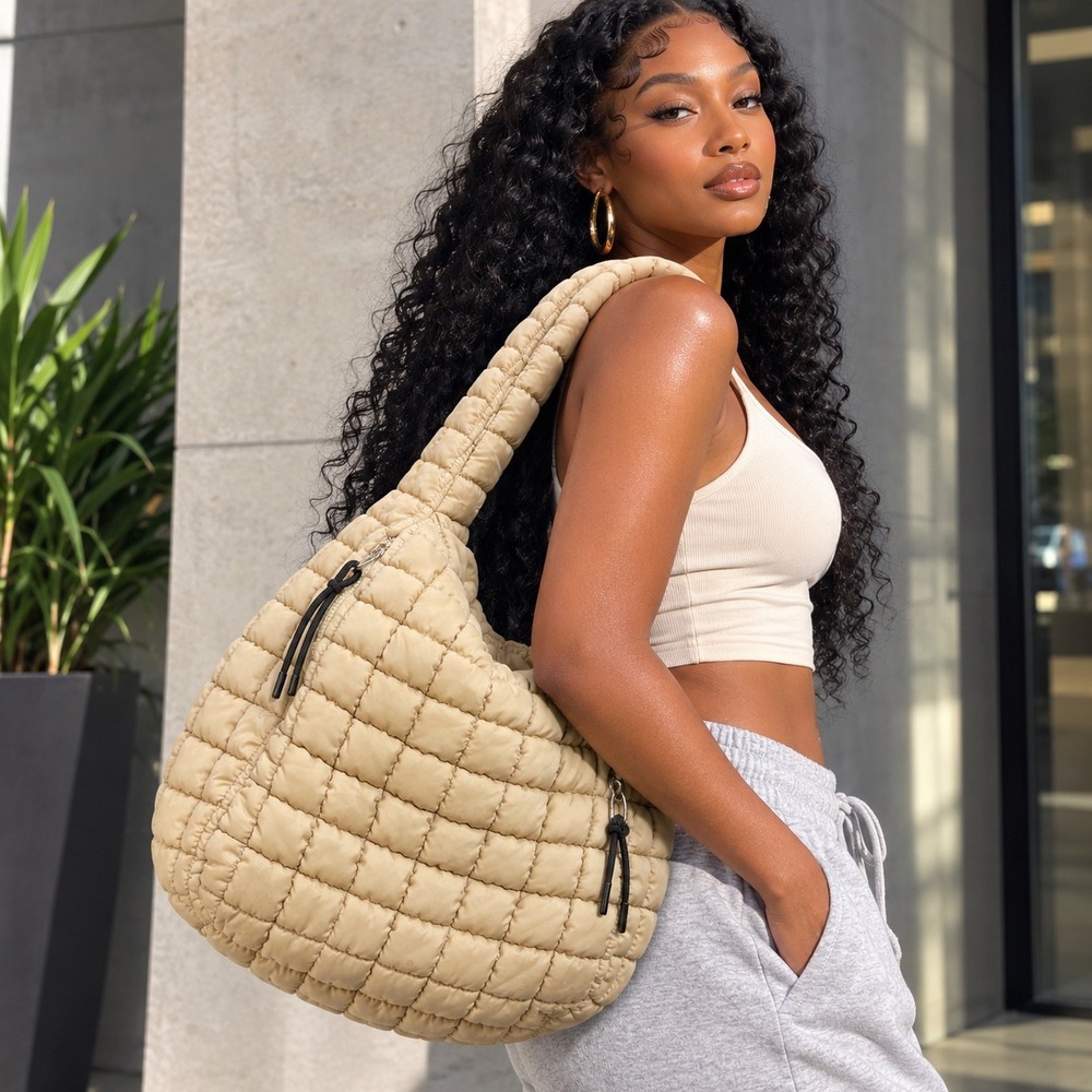 FP Movement Quilted Carryall Bag Beige Puffy Tote Gym Travel Shoulder Bag Large